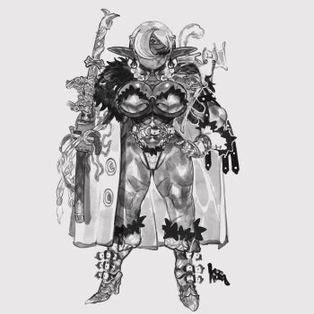 Rule 34 | 1girl, abs, armor, belt around waist, bikini, bikini armor, boots, braid, breasts, cape, circlet, cleavage, creature, creature on shoulder, cross scar, dark-skinned female, dark elf, dark skin, earrings, elf, full body, fur-trimmed cape, fur trim, gloves, greyscale, hair over one eye, hand on own hip, high heel boots, high heels, highres, huge breasts, jewelry, keziedra, light frown, long hair, long pointy ears, looking at viewer, low twin braids, lunamasa (keziedra), mole, mole on breast, monochrome, multiple scars, on shoulder, original, pointy ears, scabbard, scar, scar on breasts, scar on chest, scar on face, sheath, sheathed, solo, sphere earrings, standing, strapless, strapless bikini, swimsuit, sword, toned, toned female, twin braids, underboob, v-shaped eyebrows, weapon