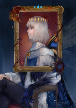 1boy black_pants blue_background blue_eyes bob_cut butterfly_wings closed_mouth colored_extremities commentary dragonfly_wings english_commentary fate/grand_order fate_(series) grey_hair highres insect_wings male_focus oberon_(fate) oberon_(first_ascension)_(fate) oberon_(third_ascension)_(fate) pants picture_frame renrenka_noi shirt solo white_shirt wings