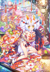 Rule 34 | 5girls, :3, age of ishtaria, animal ears, bare shoulders, blush, closed mouth, copyright notice, full body, grey hair, hair ornament, highres, horns, ianos (age of ishtaria), japanese clothes, kagami mochi, kneeling, komainu (age of ishtaria), kuzunoha (age of ishtaria), lantern, long hair, looking at viewer, miracle mallet, multiple girls, munlu (wolupus), official art, outdoors, paper lantern, rope, shimenawa, shishi (age of ishtaria), single horn, solo focus, tassel, thick thighs, thighs, yellow eyes