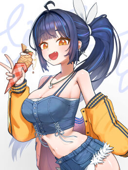 1girl :d absurdres ahoge bare_shoulders black_hair blue_hair blue_shirt blue_shorts blush breasts camisole cleavage commentary cowboy_shot crepe crop_top cross cutoffs denim denim_shorts earrings fang food food_on_face hair_ribbon highres holding holding_food ice_cream ice_cream_cone jacket jewelry korean_commentary large_breasts lilpa long_hair long_sleeves looking_at_viewer micro_shorts midriff mole multicolored_hair nail_polish navel necklace off_shoulder open_clothes open_jacket open_mouth orange_eyes ponytail ribbon shin_dohan shirt short_shorts shorts sleeveless sleeveless_shirt smile solo spaghetti_strap stomach streaked_hair v virtual_youtuber waktaverse white_background yellow_eyes yellow_jacket