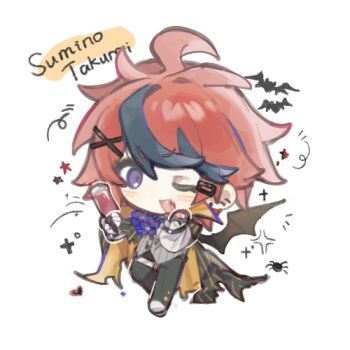 1boy ahoge alternate_costume bat_(animal) black_cape black_gloves black_hair black_pants blue_eyes cape character_name chibi chibi_only chinese_commentary commentary_request cup fingerless_gloves gloves grey_vest hair_ornament heart holding holding_cup kanjianwoqingjiaowoquxiezuoye657 long_sleeves lowres male_focus multicolored_hair one_eye_closed open_mouth pants red_hair shirt shoes short_hair simple_background smile solo star_(symbol) streaked_hair striped_cape striped_clothes striped_vest sumino_takumi the_hundred_line_-last_defense_academy- thigh_strap two-sided_cape two-sided_fabric two-tone_hair vampire vest white_background white_shirt white_shoes x_hair_ornament