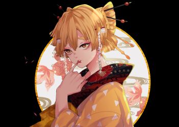 1boy adam's_apple agatsuma_zenitsu applying_lipstick applying_makeup black_border blonde_hair border crossdressing crossdressing_(mtf) eyeshadow finger_to_mouth fish_background fish_request from_side furrowed_brow geisha hair_between_eyes hair_ornament hairpin hairstyle_request hand_up highres japanese_clothes kimetsu_no_yaiba kimono light_particles lipstick looking_at_viewer makeup male_focus multiple_hairpins parted_lips pink_eyeshadow pinky_to_mouth print_kimono red_lips round_border sanpaku solo teeth thick_eyebrows trap triangle_print upper_body yellow_eyes yellow_kimono yumeniku