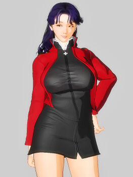 1girl black_dress breasts brown_eyes cross dress grey_background hand_on_own_hip jacket jewelry katsuragi_misato kill_the_king large_breasts lips long_hair necklace purple_hair red_jacket short_dress simple_background solo