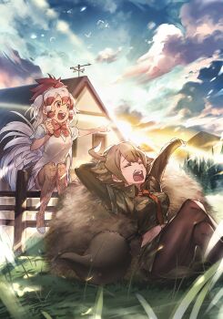 2girls animal_ears aurochs_(kemono_friends) bird bird_tail bird_wings blonde_hair blue_sky boots breast_pocket brown_eyes brown_hair brown_pantyhose camouflage camouflage_shirt camouflage_skirt chicken_(kemono_friends) chicken_girl closed_eyes cloud cloudy_sky cow_ears cow_girl cow_horns crop_top extra_ears gradient_hair green_hair hair_horns happy hay head_wings horns hotechige house kemono_friends kemono_friends_3 kemono_friends_3:_planet_tours long_hair long_sleeves morning mountain multicolored_hair multiple_girls nature navel necktie official_art open_mouth orange_necktie outdoors pantyhose pocket pointing red_hair shirt shoes short_hair short_sleeves sitting_on_fence skirt sky stretching sun sunlight sweater tail teardrop thigh_boots thighhighs toned tree waking_up watch weapon white_hair white_shirt white_shoes white_sweater wings wristwatch yawning yellow_eyes yellow_thighhighs