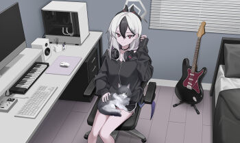 1girl absurdres animal animal_on_lap bed black_choker black_hair black_horns black_jacket black_nails black_shorts blue_archive bright_pupils cat cat_on_lap chair choker closed_mouth collarbone computer computer_keyboard computer_mouse desk guitar hair_between_eyes hair_ornament hairclip halo headphones headphones_around_neck highres horns indoors instrument jacket kayoko_(blue_archive) keyboard_(instrument) kit_(kit7lq) looking_at_viewer mole mole_on_collarbone monitor multicolored_hair on_lap purple_wings red_eyes shorts single_wing sitting sleeves_past_wrists smile solo swivel_chair two-tone_hair white_hair white_halo white_pupils wings