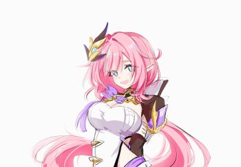 Rule 34 | 1girl, arms behind back, blue eyes, breasts, cleavage, commentary request, corset, elf, elysia (honkai impact), elysia (miss pink elf) (honkai impact), hair ornament, highres, honkai (series), honkai impact 3rd, korean commentary, large breasts, long hair, looking at viewer, mi (27782900), open mouth, pink hair, pointy ears, shrug (clothing), simple background, smile, solo, very long hair, white background, white corset