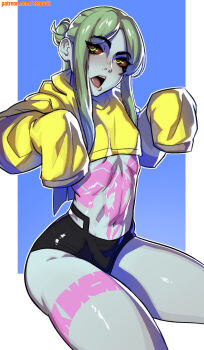 1girl black_panties blue_background blush border colored_sclera colored_skin cropped_hoodie cyberpunk:_edgerunners cyberpunk_(series) eyelashes feet_out_of_frame green_eyes green_hair grey_skin hair_bun hands_up highres hood hood_down hoodie leg_tattoo lips long_hair long_sleeves looking_at_viewer navel nose open_mouth outline outside_border panties patreon_username pink_tattoo rebecca_(cyberpunk) red_sclera ribs sidelocks sitting sleeves_past_fingers sleeves_past_wrists solo stomach stomach_tattoo stopu tattoo teeth thighs tongue underwear upper_teeth_only white_border white_outline yellow_hoodie