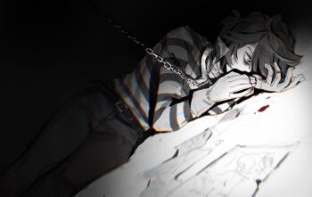 1boy belt blood blood_on_clothes blood_stain chain chromatic_aberration collar commentary feet_out_of_frame gaozhouyong gloves greyscale highres identity_v injury looking_to_the_side luca_balsa lying male_focus metal_collar monochrome on_side pants paper ponytail prison_clothes prisoner shirt solo spot_color striped_clothes striped_shirt symbol-only_commentary