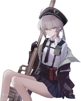 1girl ahoge artist_name beret black_gloves black_hat black_necktie black_skirt bluesky_username bolt_action brown_hair brown_jacket cheyanne_(girls'_frontline_2) cheytac_m200 closed_mouth collared_shirt commentary_request girls'_frontline girls'_frontline_2:_exilium gloves gun hat highres jacket kote_menn looking_at_viewer m200_(girls'_frontline) necktie off_shoulder pleated_skirt purple_eyes purple_necktie rifle shirt sitting skirt sniper_rifle solo twitter_username two-tone_necktie weapon white_background white_shirt
