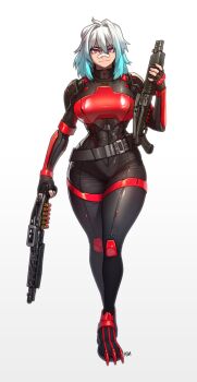 1girl absurdres ammunition armor artist_name bandaid bandaid_on_face bandaid_on_nose belt belt_buckle bodysuit breastplate buckle commentary commission english_commentary fingerless_gloves full_body gloves gradient_hair gun hair_between_eyes highres holding holding_gun holding_weapon looking_at_viewer medium_hair multicolored_hair original pgm300 pump_action purple_eyes shotgun shotgun_shell simple_background solo spas-12 standing watermark weapon white_background white_hair zipper zipper_pull_tab