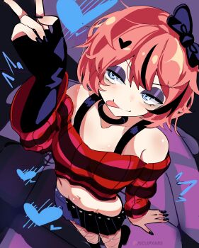 1girl absurdres alternate_costume artist_name bare_shoulders black_background black_bow black_choker black_nails black_skirt black_streaks blue_eyes blush bow bra_strap choker detached_sleeves doki_doki_literature_club eclipxare eyeshadow fingerless_gloves fingernails fishnets from_above gloves goth_fashion hair_bow hand_up heart highres hip_bones long_fingernails long_sleeves makeup messy_hair navel off-shoulder_shirt off_shoulder patreon_username pink_hair pleated_skirt purple_background purple_eyeshadow red_shirt sayori_(doki_doki_literature_club) shirt short_hair skirt smile solo stomach striped_clothes striped_shirt tongue tongue_out v