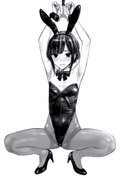1girl armpits arms_up blood_alone blush bound bound_wrists braid commentary_request embarrassed flat_chest full_body greyscale highres leotard long_hair looking_at_viewer misaki_minato monochrome pantyhose playboy_bunny sidelocks simple_background solo spread_legs squatting takano_masayuki