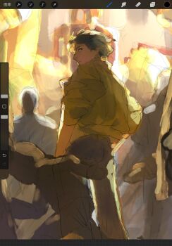 1girl aizheajsee art_program_in_frame black_hair day ghost_in_the_shell highres jacket kusanagi_motoko looking_at_viewer looking_back medium_hair people procreate_(medium) procreate_(software) solo_focus sunlight yellow_jacket