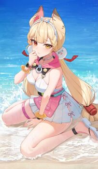 1girl alice_thymefield alice_thymefield_(sea_of_thyme) animal_ears beach blonde_hair bracelet breasts choker cleavage commentary_request dress_swimsuit flip-flops hair_ornament hairband heterochromia highres jewelry long_hair looking_at_viewer low_twintails medium_breasts one-piece_swimsuit outdoors parted_lips rabbit_ears rabbit_girl red_eyes sand sandals sitting skindentation solo sphere_hair_ornament strap swimsuit twintails wariza watch water white_choker white_hairband white_one-piece_swimsuit white_sandals wristwatch yellow_eyes yumekanau zenless_zone_zero