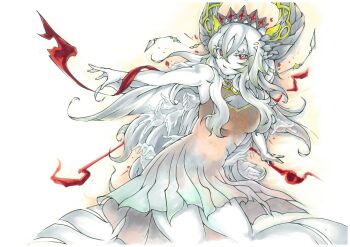 1girl bare_shoulders blazing_cartesia_the_virtuous breasts cleavage colored_skin cowboy_shot dress duel_monster ecclesia_(yu-gi-oh!) fujiseinasoko grey_hair grey_skin highres long_hair medium_breasts red_dress red_eyes simple_background solo traditional_media white_background yu-gi-oh!