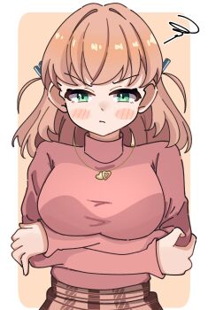 Rule 34 | >:(, 1girl, arm under breasts, blush, border, breasts, brown skirt, closed mouth, commentary, green eyes, highres, hinoshita kaho, hinoshita kaho (winter casual), large breasts, light frown, link! like! love live!, looking at viewer, love live!, medium hair, official alternate costume, orange background, orange hair, outside border, pink sweater, plaid clothes, plaid skirt, simple background, skirt, solo, squiggle, sweater, tange murasaki, turtleneck, turtleneck sweater, v-shaped eyebrows, virtual youtuber, white border