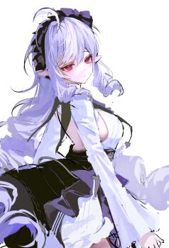 1girl 8x9_1t absurdres ahoge ascot bow bowtie breast_curtains breasts brown_pantyhose cleavage cowboy_shot drill_hair from_side hairband highres long_hair looking_at_viewer medium_breasts mole mole_under_eye pantyhose pointy_ears purple_ascot purple_bow purple_bowtie purple_hair purple_hairband red_eyes shrug_(clothing) sideboob_cutout simple_background solo vivian_banshee white_background white_shrug zenless_zone_zero