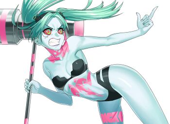 Rule 34 | 1girl, alternate weapon, artificial eye, bare shoulders, bent over, bikini, black bikini, breasts, colored sclera, colored skin, commission, cyberpunk: edgerunners, cyberpunk (series), cyborg, fingernails, green hair, green skin, hammer, hanny (uirusu chan), highres, holding, holding mallet, huge weapon, leg tattoo, long hair, mallet, mechanical eye, middle finger, multicolored eyes, neck tattoo, parody, pink tattoo, purple lips, rebecca (cyberpunk), red sclera, small breasts, solo, stomach tattoo, strapless, strapless bikini, swimsuit, tattoo, teeth, traced, twintails, war hammer, weapon