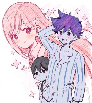 1girl 2boys antenna_hair aoki_(fumomo) arm_behind_head arm_up black_eyes black_hair black_tank_top blush bright_pupils brother_and_sister closed_mouth collarbone collared_pajamas collared_shirt colored_skin commentary_request double-parted_bangs expressionless hair_between_eyes hero_(headspace)_(omori) hero_(omori) highres long_hair long_sleeves mari_(headspace)_(omori) mari_(omori) multiple_boys neckerchief omori omori_(omori) pajamas purple_eyes purple_hair shirt short_hair siblings simple_background sparkle striped_clothes striped_pajamas tank_top vertical-striped_clothes vertical-striped_pajamas white_background white_pajamas white_skin