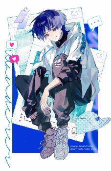 ... 1boy absurdres alternate_costume animal_ears baseball_cap black_nails black_pants blue_eyes blue_hair chinese_commentary commentary_request ddddaob full_body genshin_impact hair_between_eyes hat heart highres hood hood_down hoodie invisible_chair looking_at_viewer male_focus pants scaramouche_(genshin_impact) shoes short_hair simple_background single_sleeve_past_wrist sitting smile sneakers solo speech_bubble spoken_ellipsis spoken_heart torn_clothes torn_pants wanderer_(genshin_impact) white_background white_hoodie white_shoes