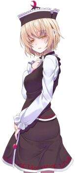 Rule 34 | 1girl, black hat, black skirt, black vest, blonde hair, blush, breasts, closed mouth, commentary request, cowboy shot, crescent, crescent hat ornament, crote, frilled hat, frills, full body, half-closed eyes, hand up, hat, hat ornament, highres, large variant set, long sleeves, looking at viewer, lunasa prismriver, orange eyes, shirt, short hair, simple background, skirt, skirt set, solo, tachi-e, touhou, transparent background, variant set, vest, white shirt