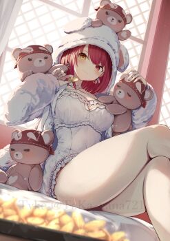 1girl animal_hood arrow_through_heart bear_hood blurry blurry_foreground blush breasts closed_mouth coin commentary_request crossed_legs earrings glint gold_coin heart heart_earrings heterochromia highres holding holding_coin hololive hood hood_up houshou_marine houshou_marine_(roomwear) indoors jacket jewelry large_breasts long_sleeves looking_at_viewer nightgown official_alternate_costume open_clothes open_jacket puffy_long_sleeves puffy_sleeves red_eyes red_hair sitting smile solo stuffed_animal stuffed_toy taka.yana teddy_bear thighs twitter_username virtual_youtuber white_jacket white_nightgown window yellow_eyes