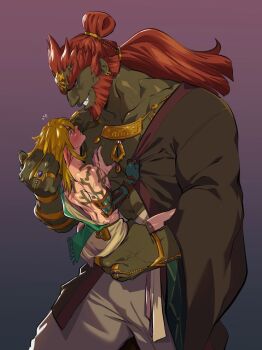 2boys abs arm_tattoo back bara bare_shoulders beard belt belt_pouch black_robe blonde_hair blue_eyes blush bracelet brown_belt carrying carrying_person clenched_hand closed_mouth clothes_pull collarbone cowboy_shot cropped_legs dark-skinned_male dark_skin ear_piercing earrings evil_smile facial_hair forehead_jewel ganondorf gold_bracelet gold_necklace gold_ring grabbing_another's_hair gradient_background green_sash grin groin hand_chains hand_in_another's_clothes hand_in_another's_hair hand_on_another's_chest hand_on_another's_waist holding_another's_hair interracial jewelry kukumomo leg_lock link long_hair looking_at_another male_focus multiple_boys multiple_bracelets multiple_earrings muscular muscular_male necklace nintendo open_clothes open_robe pants pectoral_grab pectorals piercing pointy_ears pouch prosthesis prosthetic_arm purple_sash red_hair rehydrated_ganondorf ring robe sash simple_background size_difference small_pupils smile sweat sweatdrop tattoo teeth the_legend_of_zelda the_legend_of_zelda:_tears_of_the_kingdom thick_eyebrows topknot white_pants white_robe white_sash wide_sleeves yaoi yellow_eyes