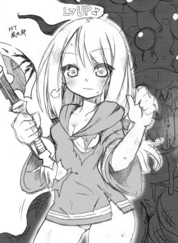 1girl axe blush breasts closed_mouth dress final_fantasy final_fantasy_tactics geomancer_(fft) greyscale holding holding_axe kotomuke_fuurin long_hair looking_at_viewer malboro monochrome monster panties short_dress skirt smile solo torn_clothes torn_dress twintails underwear weapon