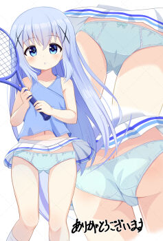 1girl ass blue_eyes blue_hair blue_panties blue_shirt blush bow bow_panties butt_crack cameltoe child close-up commission gluteal_fold gochuumon_wa_usagi_desu_ka? hair_ornament hairclip highres kafuu_chino loli long_hair looking_at_viewer miniskirt mogura2009 panties pleated_skirt racket shirt skeb_commission skirt sleeveless sleeveless_shirt solo tennis_racket thighs underwear white_skirt wind wind_lift
