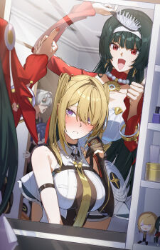 1boy 3girls absurdres alternate_hairstyle arm_strap astra_yao averting_eyes bare_shoulders belle_(zenless_zone_zero) black_hair blonde_hair blue_hair blurry blurry_foreground blush breasts chest_harness cleavage closed_mouth collarbone commentary_request earrings elbow_gloves evelyn_chevalier gloves green_eyes grey_hair hair_between_eyes hair_brush hairband harness highres holding holding_hair_brush indoors jewelry large_breasts long_hair looking_at_mirror mirror mole mole_under_eye multiple_girls necklace necktie open_mouth pearl_necklace purple_eyes red_eyes red_nails red_shrug reflection reflection_focus see-through_clothes short_hair shrug_(clothing) single_elbow_glove sweat thumbs_up twintails uneven_bangs white_hairband wise_(zenless_zone_zero) yellow_necktie yoruta_(yossy_puyo_holo) zenless_zone_zero