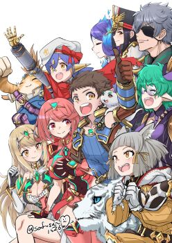 2boys 6+girls ^_^ android animal_ear_fluff animal_ears arms_up artist_name azurda_(xenoblade) blue_eyes blue_hair breasts brighid_(xenoblade) brown_hair cat_ears cat_girl cleavage cleavage_cutout closed_eyes closed_mouth clothing_cutout commentary_request dromarch_(xenoblade) eyelashes eyepatch fiery_hair glasses gloves green_hair grey_hair hat highres joints jumpsuit large_breasts looking_ahead looking_at_another morag_ladair_(xenoblade) multiple_boys multiple_girls mythra_(xenoblade) nia_(xenoblade) nopon pandoria_(xenoblade) poppi_(xenoblade) poppi_alpha_(xenoblade) purple_hair pyra_(xenoblade) red_eyes red_hair rex_(xenoblade) robot_joints round_eyewear short_hair simple_background smile snout sofusan1526 thumbs_up tiara tora_(xenoblade_2) twitter_username visor_(armor) whiskers white_background white_fur white_gloves white_hat xenoblade_chronicles_(series) xenoblade_chronicles_2 yellow_eyes yellow_jumpsuit zeke_von_genbu_(xenoblade)