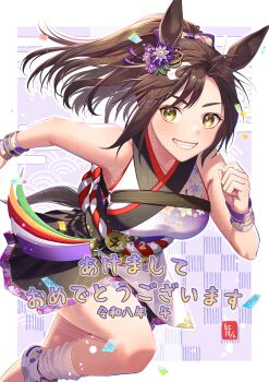 1girl akatsuki_(kuon) animal_ears blush breasts brown_eyes brown_hair commentary_request confetti crescent floral_background grin hair_between_eyes highres horse_ears horse_girl horse_tail japanese_clothes kimono kouhaku_nawa long_hair looking_at_viewer multicolored_hair obi open_mouth original ponytail purple_kimono rash rope sandals sash shimenawa sleeveless sleeveless_kimono smile socks solo tail teeth umamusume white_hair white_socks wristband yellow_eyes