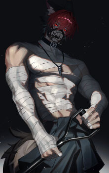 1boy abs animal_ear_fluff animal_ears bandaged_arm bandaged_chest bandaged_fingers bandaged_hand bandaged_neck bandaged_torso bandages bf2xuec6ow98466 black_hair clothes_around_waist collar collarbone cowboy_shot dark_background dog_boy dog_ears dog_tail glowing glowing_eyes hair_between_eyes half-closed_eyes highres holding holding_shovel komano_manato male_focus multicolored_hair muscular muscular_male muzzle_(mask) navel pectorals red_eyes red_hair scar scar_across_eye scar_on_face shadow short_hair shovel single_bare_shoulder solo tail v-shaped_eyebrows zenless_zone_zero