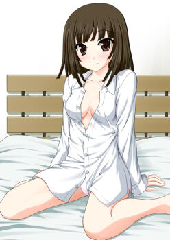 Rule 34 | 1girl, arm support, bakemonogatari, bed, blush, breasts, brown eyes, brown hair, female focus, legs, minamori noeru, monogatari (series), missing headwear, no headwear, open clothes, open shirt, oversized clothes, oversized shirt, panties, sengoku nadeko, shirt, short hair, sitting, smile, solo, underwear