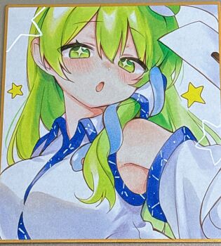 1girl :o bare_shoulders blush breasts collared_shirt detached_sleeves dot_nose double-parted_bangs frog_hair_ornament gohei green_eyes green_hair hair_behind_ear hair_ornament hair_tubes highres holding holding_gohei kochiya_sanae large_breasts long_hair long_sleeves looking_at_viewer marker_(medium) moni_monico open_mouth patterned_clothing shikishi shirt single_hair_tube single_sidelock sleeveless sleeveless_shirt snake_hair_ornament solo sparkling_eyes star_(symbol) touhou traditional_media upper_body white_background wide_sleeves
