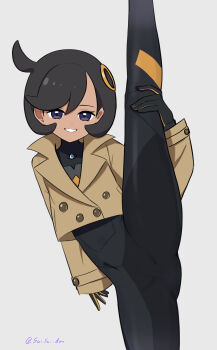 1girl black_hair bodysuit dark-skinned_female dark_skin emma_(pokemon) hasu_175 jacket long_sleeves looking_at_viewer nintendo pokemon pokemon_legends:_z-a purple_eyes short_hair standing standing_on_one_leg