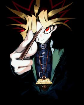 1boy black_background black_hair blonde_hair blue_jacket card highres holding holding_card jacket male_focus millennium_puzzle multicolored_hair papaya0813 purple_eyes purple_hair simple_background solo spiked_hair trading_card upper_body yami_yugi yu-gi-oh! yu-gi-oh!_duel_monsters