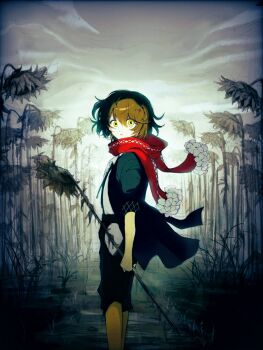 1boy aida_(ai_d_2) black_hair black_jacket black_pants field flower flower_field flower_trim highres holding holding_flower jacket looking_at_viewer male_focus mashiro_meme mashiro_meme_(1st_costume) nijisanji outdoors pants red_scarf scarf short_hair solo sunflower sunflower_field virtual_youtuber wilted_flower yellow_eyes