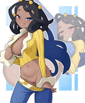 1girl black_hair blue_eyes blue_pants breasts clothes_pull commentary dahlia_(pokemon) eyelashes flashing grin hair_ornament highres kai-too long_hair looking_at_viewer multiple_views navel_piercing nintendo nipples one_breast_out outline pants pants_pull piercing pokemon pokemon_dppt pokemon_platinum pussy shirt shirt_tug smile teeth yellow_shirt