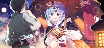 1boy 1girl alternate_costume bat_hair_ornament black_cape blue_eyes blue_hair breasts cape child diagonal-striped_clothes diagonal-striped_necktie full_moon game_cg hair_ornament halloween halloween_costume heterochromia holding holding_umbrella jack-o&#039;-lantern jack-o&#039;-lantern_hair_ornament karakasa_obake long_sleeves moon necktie non-web_source official_art open_mouth orange_skirt orange_vest red_eyes ririkuto second-party_source short_hair skirt smile squatting star_(symbol) striped_clothes tatara_kogasa touhou touhou_gensou_eclipse tree umbrella vest white_necktie