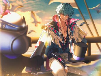 Rule 34 | 1boy, blue hair, blue shirt, brant (wuthering waves), closed mouth, collarbone, commentary, english commentary, evening, hair between eyes, hat, highres, hocus pocus (wuthering waves), male focus, open clothes, open shirt, outdoors, pants, pink eyes, sae naiyatsu, shirt, short hair, sitting, smile, solo, tacet discord (wuthering waves), tacet mark (wuthering waves), top hat, white pants, wuthering waves