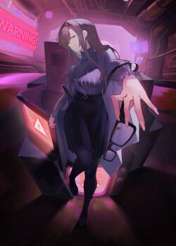 Rule 34 | 1girl, absurdres, arknights, belt, black belt, black hairband, black pantyhose, black skirt, brown eyes, brown hair, chinese commentary, coat, commentary request, diamond-shaped pupils, diamond (shape), dong tsugumi, fingernails, full body, hairband, highres, holding, holding removed eyewear, leg up, long fingernails, long hair, long sleeves, looking at viewer, nail polish, open clothes, open coat, pantyhose, priestess (arknights), purple coat, purple sweater, sign, skirt, smile, solo, standing, standing on one leg, sweater, symbol-shaped pupils, television, turtleneck, turtleneck sweater, unworn eyewear, warning sign