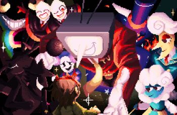 1girl 1other 5boys 9aaaalt29 ant_tenna beard_stubble belt belt_buckle blue_dress blue_skin buckle colored_skin crt deltarune dress elnina_(deltarune) facial_hair gloves highres holding holding_microphone jacket kris_(deltarune) lanino_(deltarune) microphone multiple_boys object_head one_eye_closed pippins_(deltarune) pixel_art pointy_nose ramb_(deltarune) red_eyes red_jacket shadowguy_(deltarune) short_hair shuttah_(deltarune) smile sparkle stubble teeth utdr_(toby_fox) white_gloves white_hair yellow_skin zapper_(deltarune)