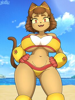 1girl absurdres alternate_costume animal_ears beach bikini blue_sky breasts brown_hair cat_ears cat_girl cat_tail cleavage cloud commentary curvy dark-skinned_female dark_skin english_commentary fangs furry furry_female gameoverse goggles goggles_on_head hands_on_own_hips hextali highres kit_bodega large_breasts looking_at_viewer lowleg lowleg_bikini multicolored_bikini navel official_alternate_costume open_mouth outdoors red_bikini red_eyes short_hair signature sky smile stomach swimsuit tail two-tone_bikini variant_set whiskers wide_hips yellow_bikini