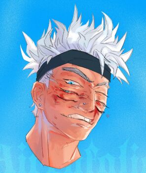 Rule 34 | 1boy, absurdres, airenfolio, biting own lip, blindfold, blood, blood on face, bloody tears, blue background, blue eyes, closed eyes, commentary, earrings, english commentary, extra eyes, face piercing, gojou satoru, highres, jewelry, jujutsu kaisen, male focus, nose piercing, one eye closed, piercing, short hair, simple background, single earring, solo, spiked hair, too literal, white hair