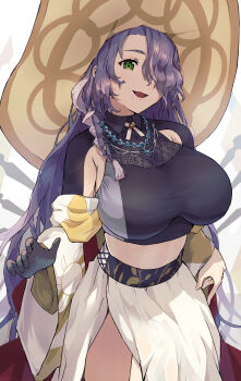 1girl absurdres breasts eyelashes green_eyes hair_over_eyes hat highres huge_breasts jewelry kuronyan9630 largamente_(monster_strike) long_hair midriff monster_strike necklace open_mouth ribbon simple_background skirt solo standing thighs