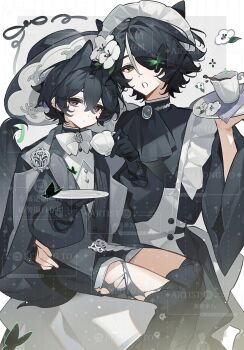 Rule 34 | animal ears, flower, green eyes, hair ornament, hair over one eye, hat, highres, holding, long sleeves, looking at viewer, male focus, original, short hair, sitting, yuanyunyu 3y