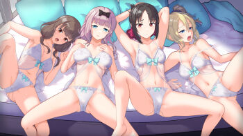 4girls aqua_bow armpits arms_up barefoot bed black_bow black_eyes black_hair blonde_hair blue_eyes blue_scrunchie blunt_bangs blush bow bow_bra bow_panties bra breasts brown_eyes brown_hair duplicate folded_ponytail fujiwara_chika hair_between_eyes hair_bow hair_ornament hair_ribbon hair_scrunchie hands_on_own_chest hayasaka_ai iino_miko indoors kaguya-sama_wa_kokurasetai_~tensai-tachi_no_renai_zunousen~ large_breasts legs long_hair looking_at_viewer low_twintails medium_hair multiple_girls navel okina_(805197) on_bed open_mouth panties parted_bangs pillow pink_hair red_eyes red_ribbon ribbon scrunchie shinomiya_kaguya side_ponytail thighs tongue twintails underwear underwear_only white_bra white_panties