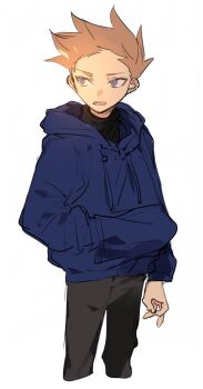 Rule 34 | 1boy, alternate eye color, animification, bad id, bad twitter id, black pants, blue eyes, brown hair, cropped legs, eddsworld, hand in pocket, highres, hood, hood down, inactive account, long sleeves, looking to the side, male focus, nana (ebitokanimiso), painttool sai (medium), pants, short hair, simple background, sketch, solo, spiked hair, tom (eddsworld), white background