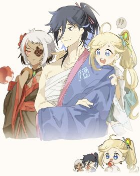 ! !! 1boy 2girls ahoge arakiya_(re:zero) black_hair black_kimono blonde_hair blue_eyes blue_hair blue_kimono candy_apple cecilus_segmunt chest_sarashi chewing chibi commentary_request dark-skinned_female dark_skin eating eyepatch flower fmlfamilia food hadanugi_dousa hair_ornament highres holding holding_food japanese_clothes kimono long_hair louis_arneb multicolored_hair multiple_girls open_clothes open_kimono open_mouth ponytail re:zero_kara_hajimeru_isekai_seikatsu red_eyes red_hair sarashi short_hair simple_background smile spica_(re:zero) streaked_hair takoyaki white_background white_hair